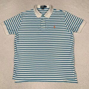 VTG Polo Ralph Lauren T Shirt Mens XL Blue White Striped 100% Cotton